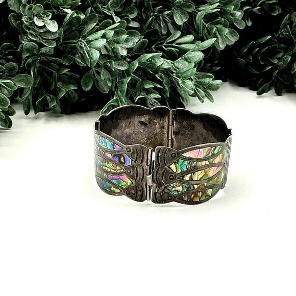 Vintage Mexican Sterling Silver Abalone Inlay Hinged Bracelet - Picture 8 of 9
